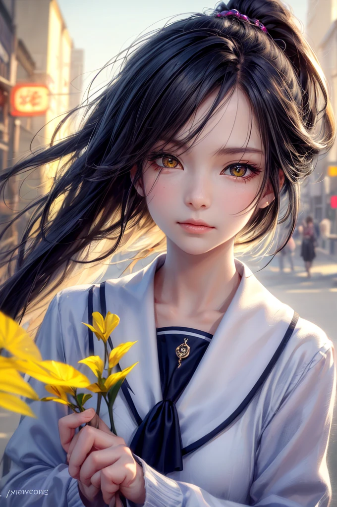The background is the road in front of the school., Black Hair, Front Ponytail, Eye Reflexes, Brown eyes, ,Heterochromia iridis, Piercing, hair band，Attention to detail, Romanticism, Written boundary depth, Shine, Ray Tracing, Viewfinder, Zoom Layer, Bokeh, Anatomically correct, Attention to details, 1080P, Ultra High Vision, High school girls, High Ponytail，Sailor suit, The expression is solemn, reflected light，ゴージャスで繊細にShine小さな蝶の髪飾り，Vibrant colors，Detailed engraving，Shine brightly，Attention to detail，The jewelry is of high quality，Very high quality