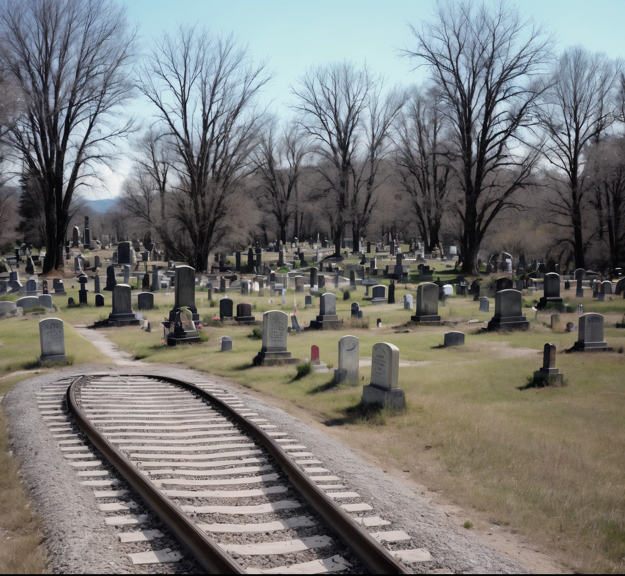 A cemetery with railroad tracks and hot springs