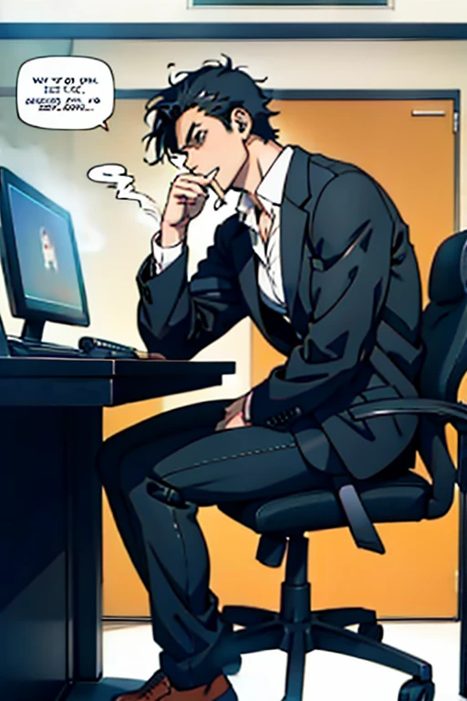 Anime people sitting at their desks smoking with laptops, Sitting at your desk, Anime handsome man, kentaro miura art style, Digital anime illustration, modern anime style, kentaro miura manga art style, gendo ikari smoking a joint, High-quality fanart, commission for high resolution, in an anime style, very modern anime style