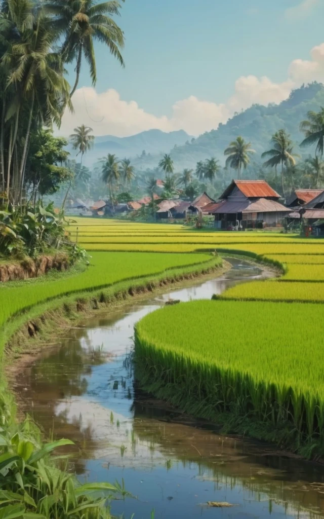 Beautiful Indonesian landscape, paddy rice field by Richard Scarry, (best quality, masterpiece, Representative work, official art, Professional, Ultra intricate detailed, 8k:1.3)