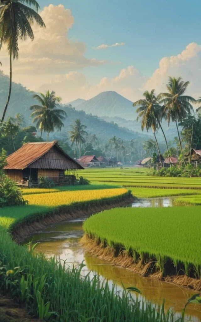 Beautiful Indonesian landscape, paddy rice field by Richard Scarry, (best quality, masterpiece, Representative work, official art, Professional, Ultra intricate detailed, 8k:1.3)