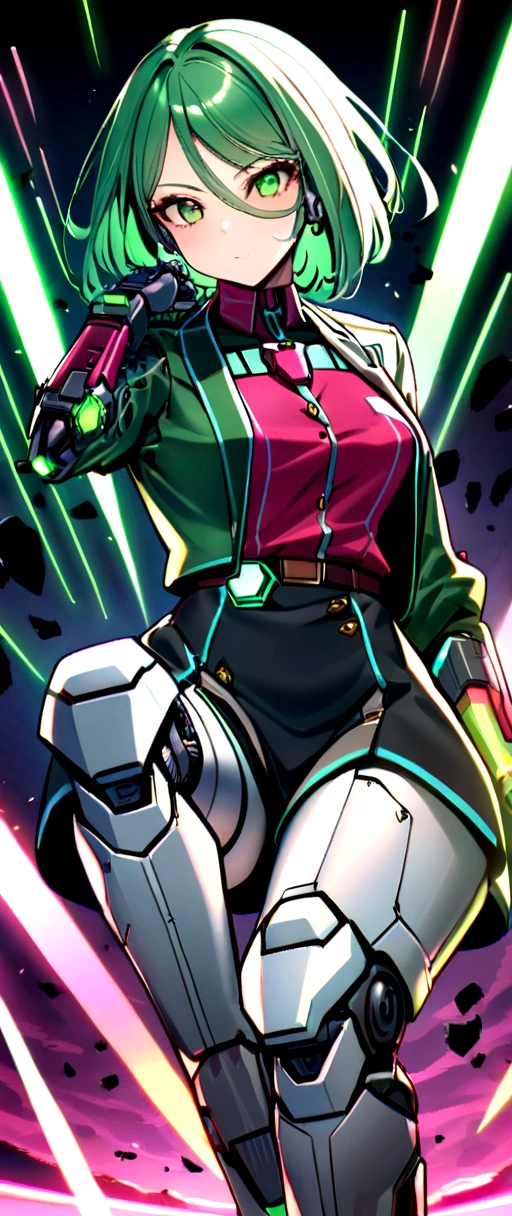 Ironman cyber punk, female cyborg, Special ability, 's uniform, Mechanized Enhancement, Beauthfull, green hair, pilipino, knee up, beautiful face, Fine body, hypdertailed, mechanical eyes, ((greeneyes: 1.2)), glare eyes, Prosthetic Arms, prosthetic legs, broken war debris background