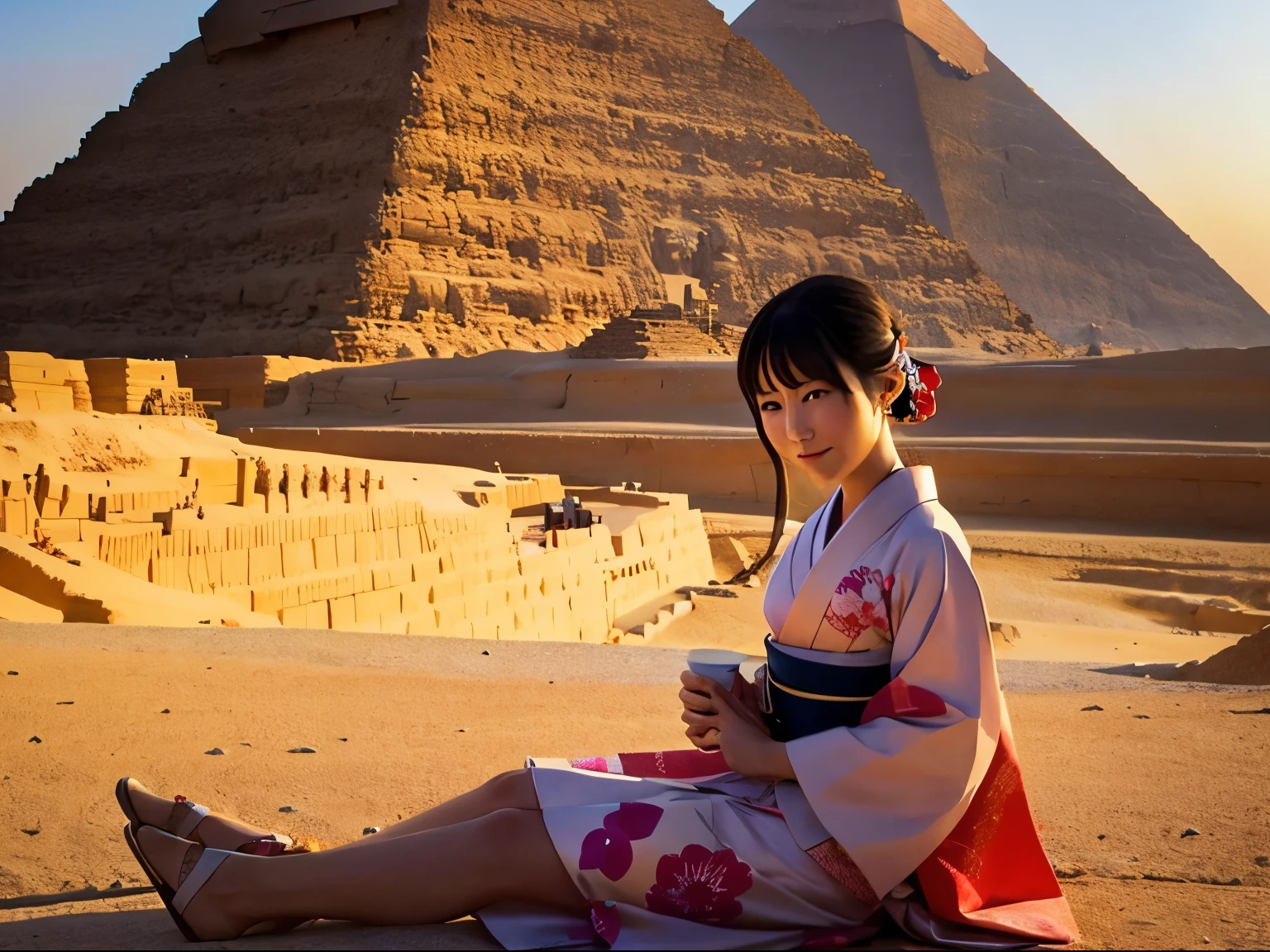 kimono、woman、In front of the pyramid、Egypt、Sunset、wide、masterpiece、sitting,