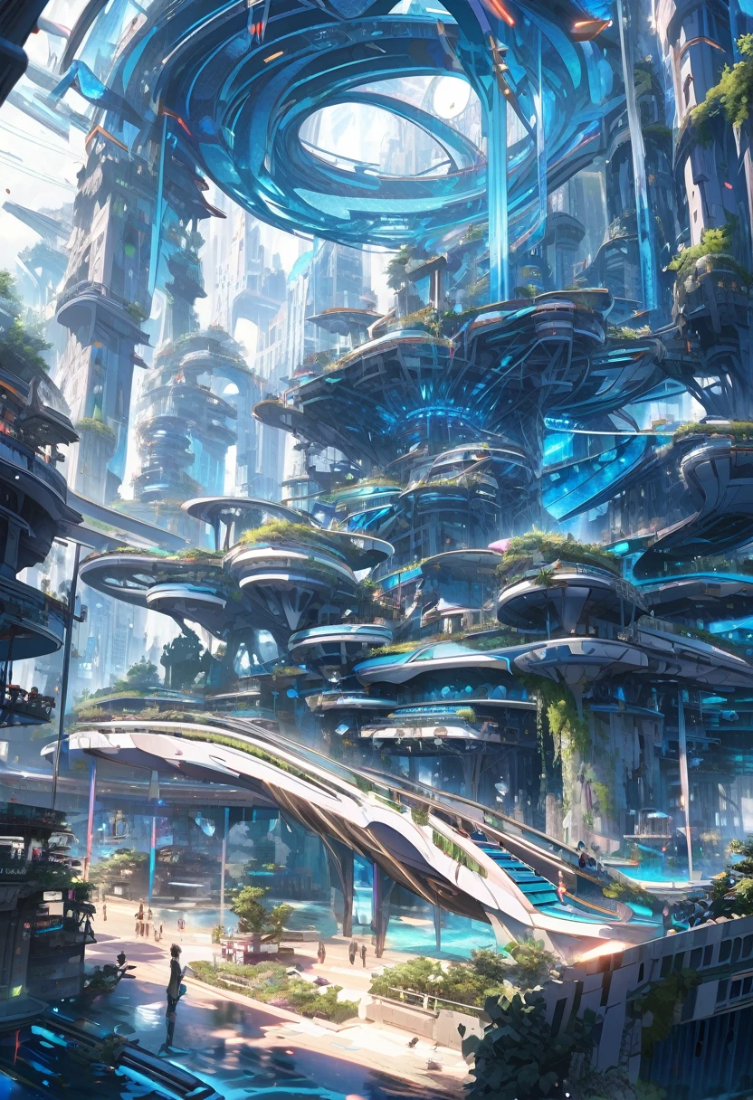 Mermaid girl, A complex water structure in a futuristic city
