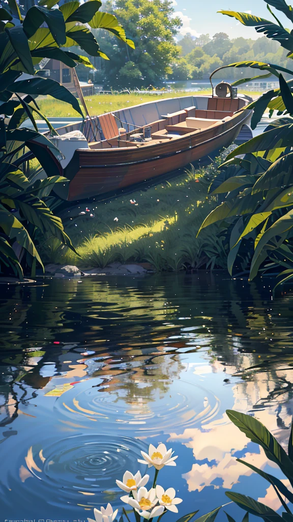 wallpaper, summer pond, pond, Boat, Afternoon Sunshine, already, pond background, Depth of Field, Hot weather, High-resolution details, Wet watermark, Ultra Detail, Realistic photos, 16K, Surrealism, Soft Light, Deep field focus bokeh, Ray Tracing, diffusion (Ultra-fine glass reflection) and Surrealism. --v6