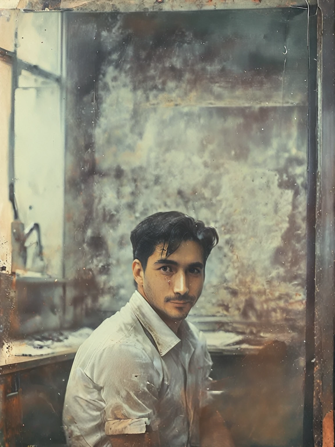 A male lab technician in a white shirt is at his workstation. He smiles from the back. Black hair. Old photo