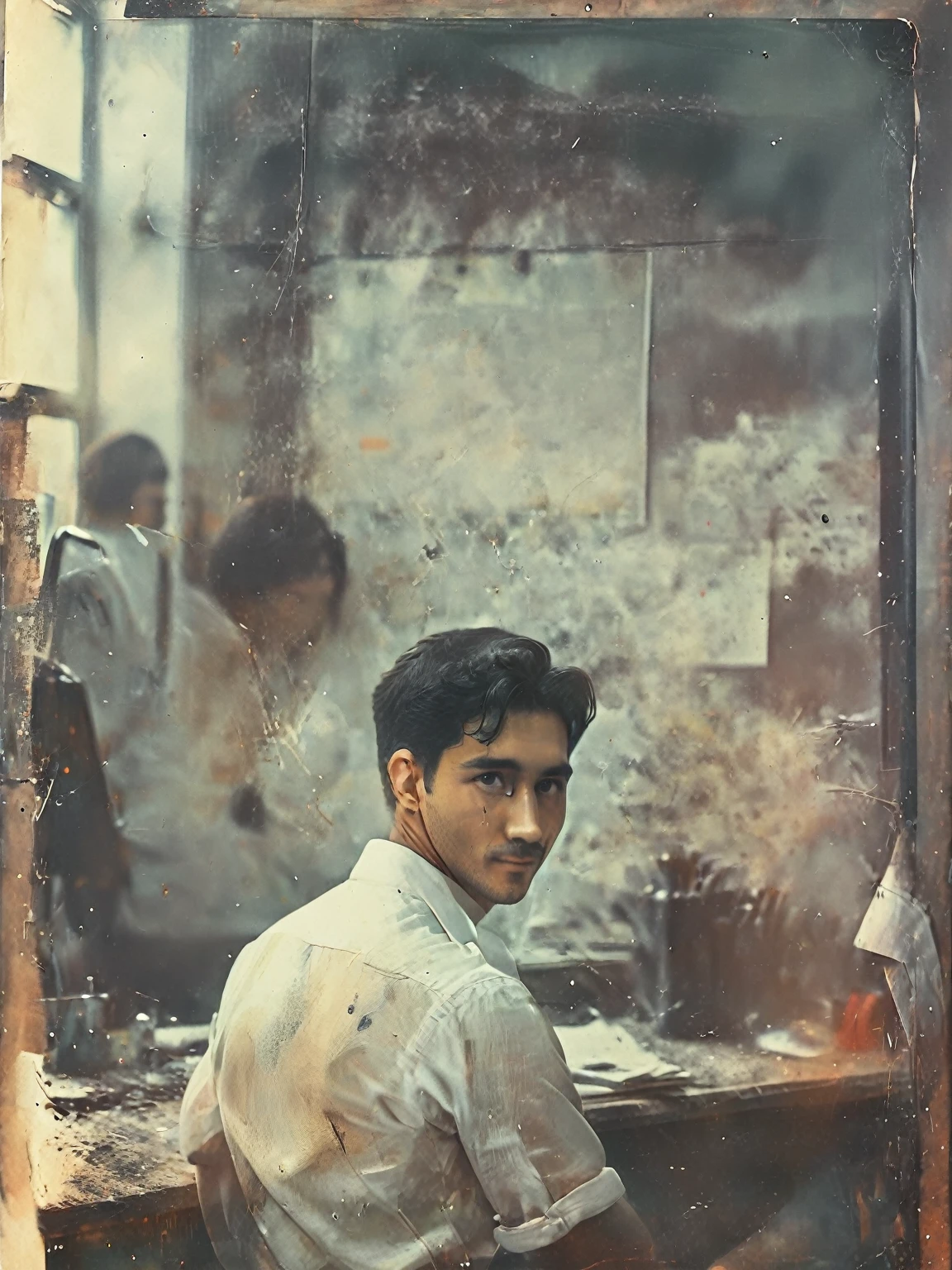 A male lab technician in a white shirt is at his workstation. He smiles from the back. Black hair. Old photo