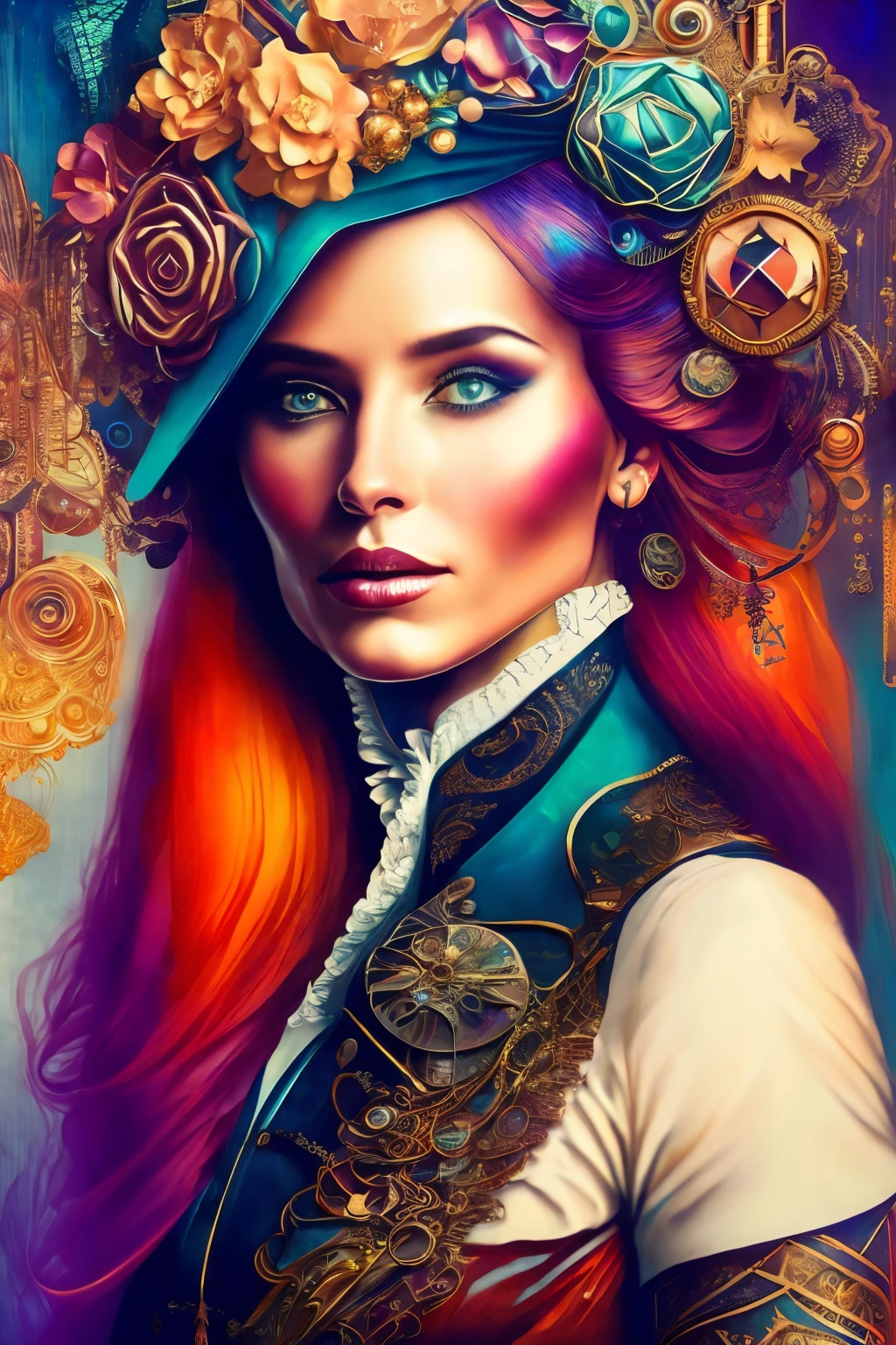 A captivating mixed media portrait of an elegant woman with auburn-hued locks, adorned with steampunk influences, illuminated in an abstract style. The image, painted with a palette that exudes warmth and depth, showcases intricate details that seamlessly blend various mediums. The woman peers intently toward the viewer, her gaze penetrating the depths of the piece. Her attire, a fusion of Victorian-era elegance and futuristic technology, exudes a sense of mystery and strength. This mesmerizing work of art, with its abstracted background and vibrant hues, presents a fantastical exploration of the Steampunk universe, skillfully painted on a
