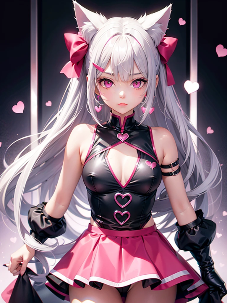 Silver hair, pink eyes, body, cat ears, sexy girl, earrings, hearts background fantasy, red pink skirt uniform, hair bows