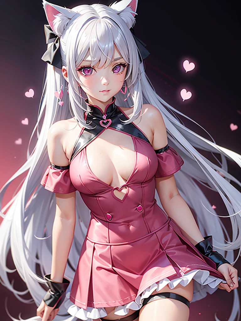 Silver hair, pink eyes, body, cat ears, sexy girl, earrings, hearts background fantasy, red pink skirt uniform, hair bows