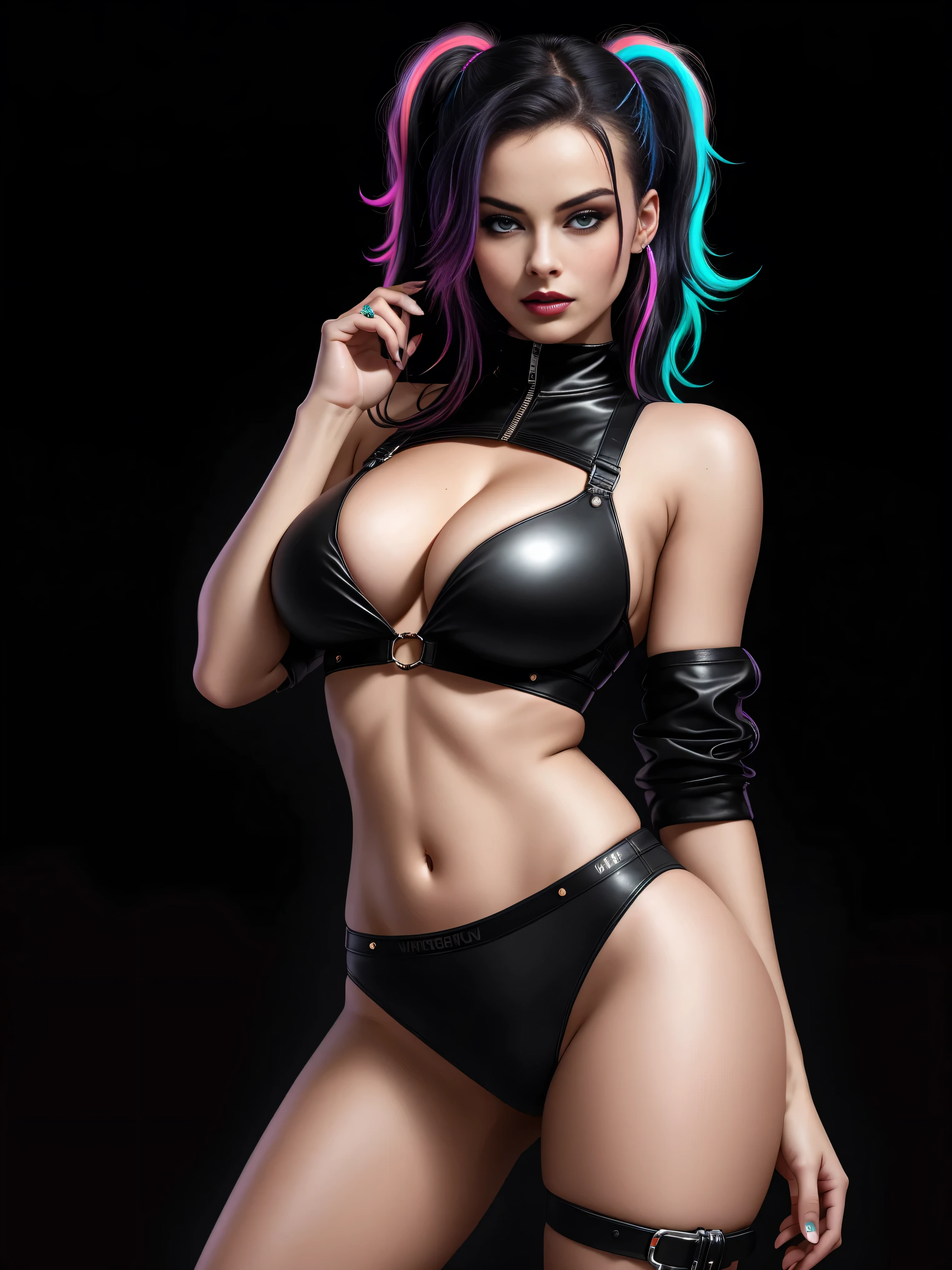 there is Margot Robbie, black neon streaked hair, hair in pony tail, 3 d neon art of a womans body, neon-noir background, cyberpunk femme fatale, seductive cyberpunk dark fantasy, cyberpunk strip clubs, cyberpunk 20 y. o model girl, oppai cyberpunk, banner, high definition cgsociety, cgsociety masterpiece, trending on cgstation, kda, random hair, nice ass, back to camera, gigantic breasts, cleavage, (high detailed skin:1.2), 8k uhd, dslr, super lighting, high quality, film grain, high res, highly detailed, hyper realistic, beautiful face, beautiful body, beautiful eyes nose lips, alluring expression, very bold, upper  visible, full body photo, standing legs apart, pale translucent glowing skin, most beautiful face, cute, (well defined pubic hair:1.2)), (dark plain black background:1.4))