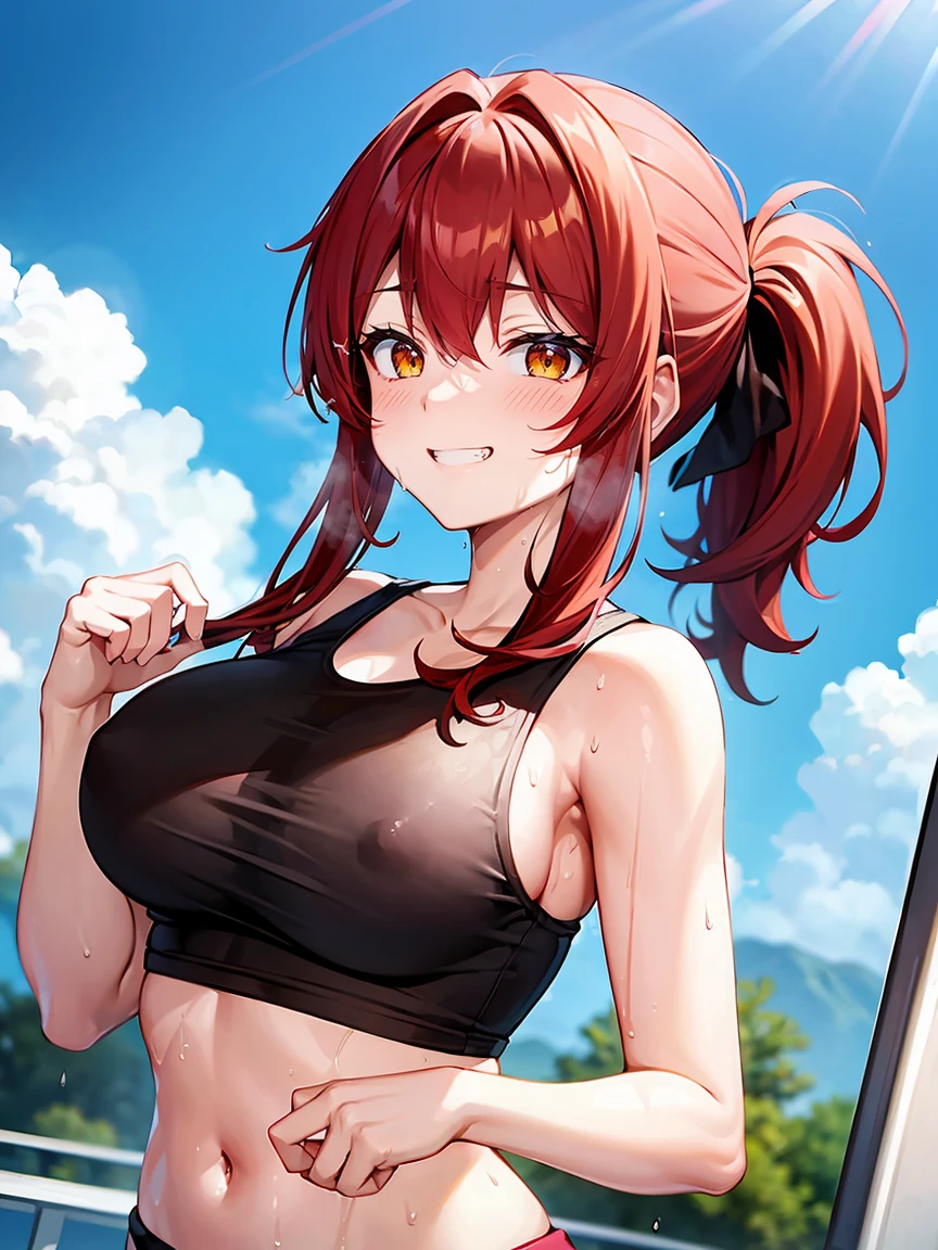 Red hair ponytail、Yellow Eyes、High school girls、Wet and see-through tank top、Gym、Big Breasts、Grin、Sweat:1.5