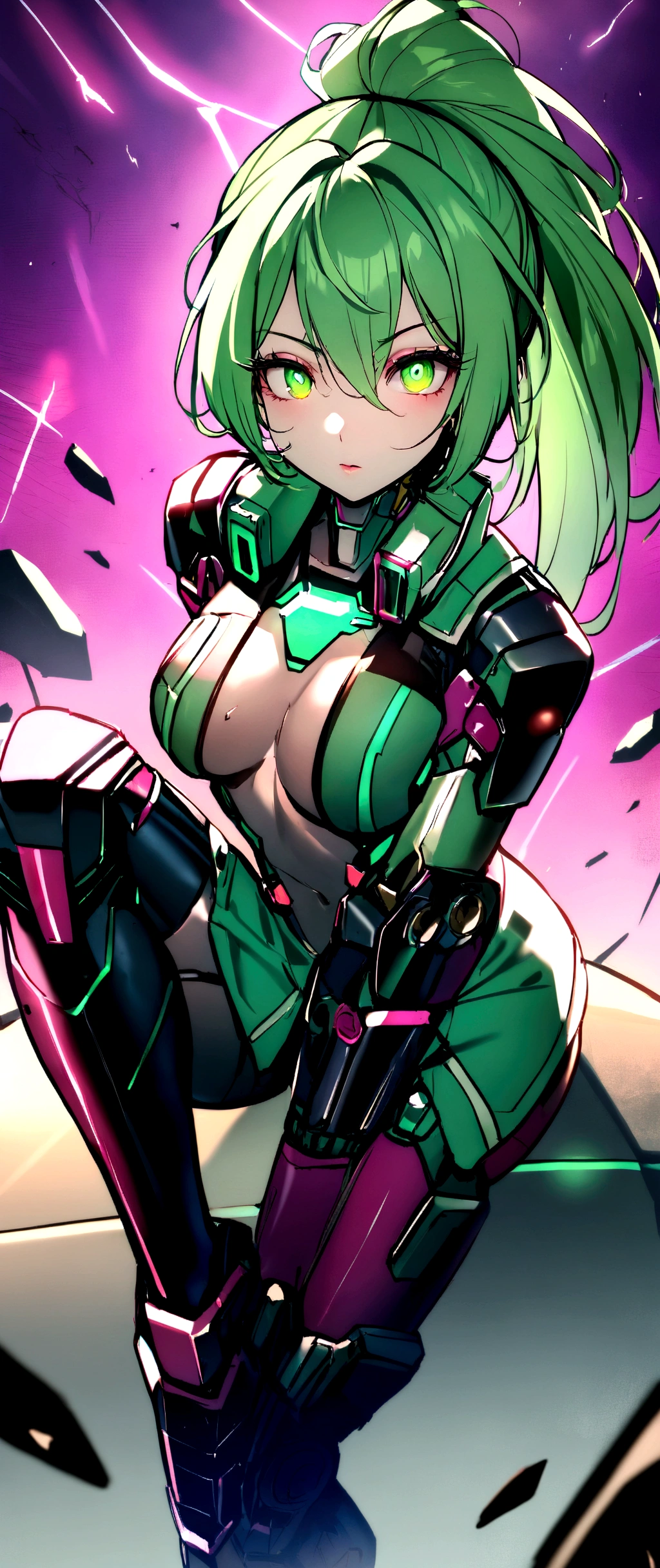 Ironman cyber punk, female cyborg, Special ability, 's uniform, Mechanized Enhancement, Beauthfull, green hair, pilipino, knee up, beautiful  face, Fine body, hypdertailed, mechanical eyes, ((greeneyes: 1.2)), glare eyes, Prosthetic Arms, prosthetic legs, broken war debris background