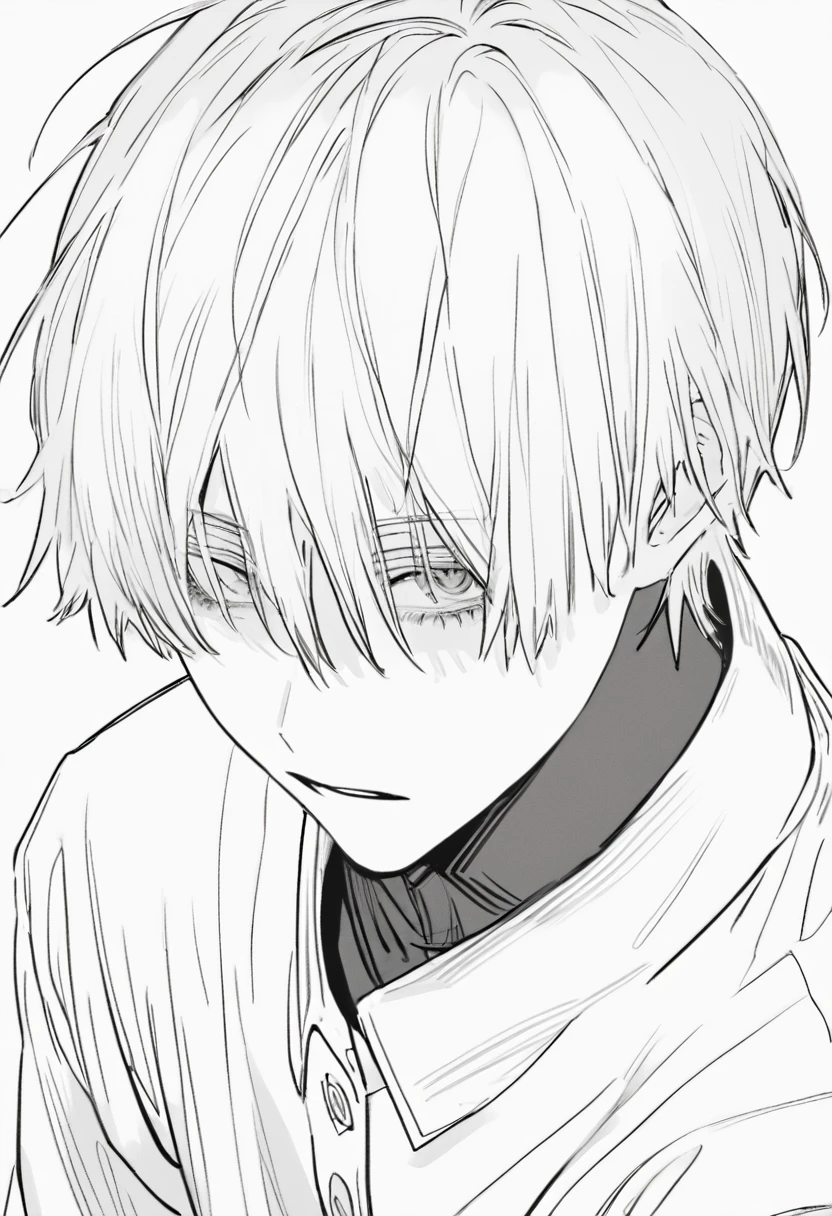 yuto-sano, 1boy, Kaneki, white hais , elegant, monochrome, solo, greyscale, male focus, looking at viewer, tired, eyebags, eyeblacks