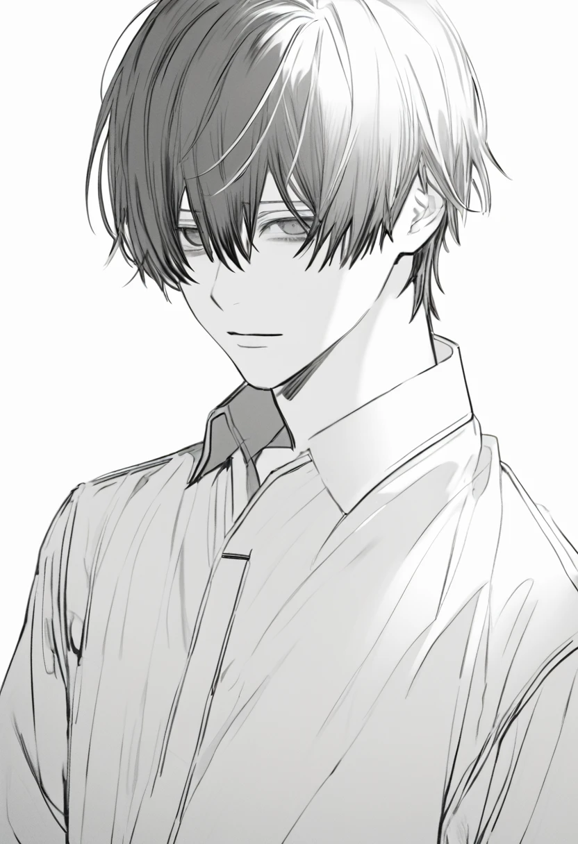 yuto-sano, 1boy, Kaneki, white hais , elegant, monochrome, solo, greyscale, male focus, looking at viewer, tired, eyebags, eyeblacks