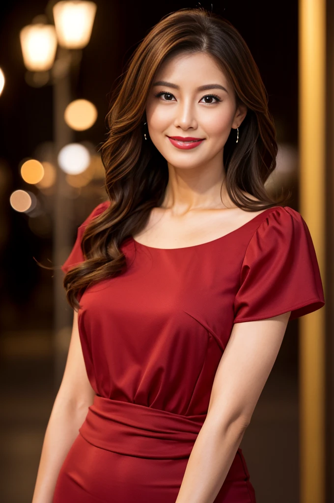 highest quality, 8k resolution, masterpiece, Professional photography, 40 year old beauty, Walk through the downtown area at night, (Elegant and stylish crimson top), Close-up of face, ((Look forward)), (((View your viewers))), smile, Wrinkles around the eyes, Standing Elegantly, Plump and soft body, Elegant and beautiful long wavy hair, Shapely breasts, Perfect Makeup, Beautiful lipstick, Elegant eyeshadow, Ultra-high resolution glossy skin