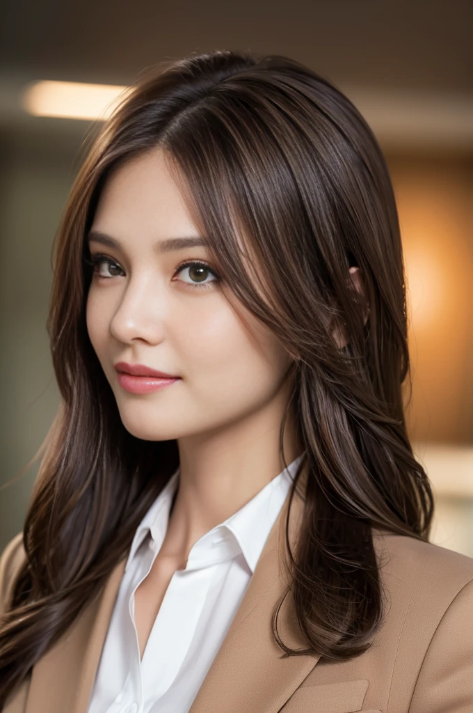 Tabletop, highest quality, Realistic, Very detailed, finely, High resolution, 8k wallpaper, One beautiful woman, Light brown messy hair, Wear a business suit, Facing forward, Sharp focus, Perfect dynamic composition, Beautiful and detailed, Thinning hair, Detailed Realistic skin texture, smile, Close-up portrait, Model Body Type