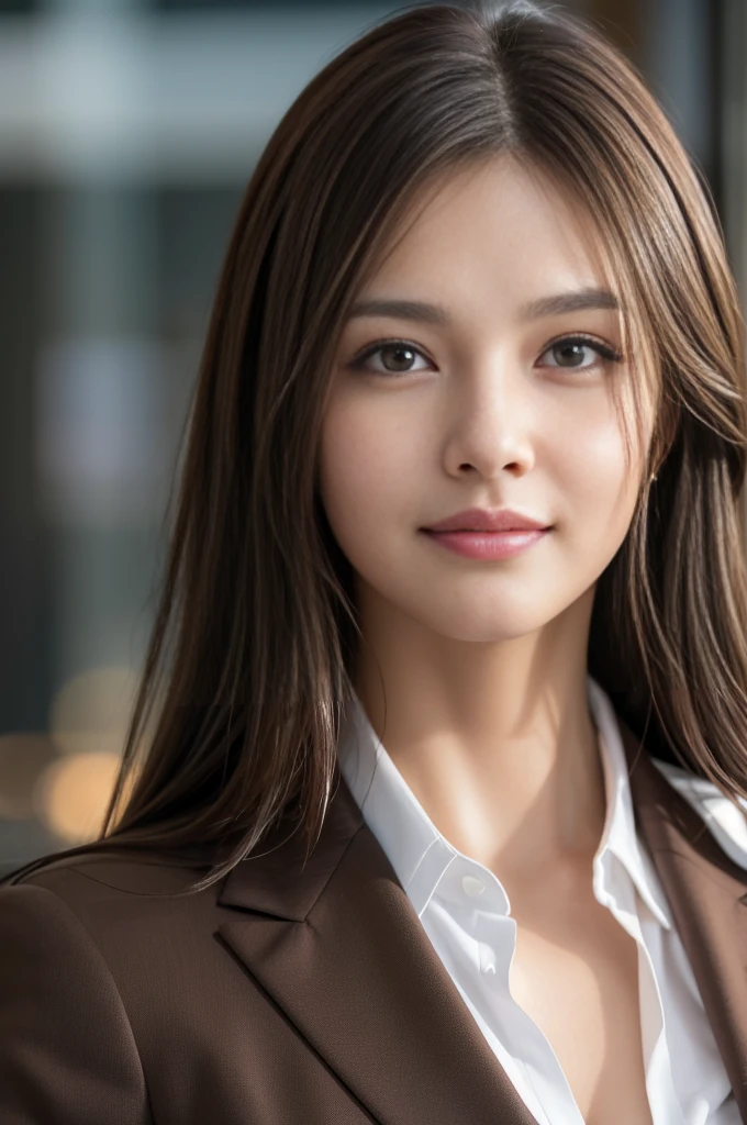 Tabletop, highest quality, Realistic, Very detailed, finely, High resolution, 8k wallpaper, One beautiful woman, Light brown messy hair, Wear a business suit, Facing forward, Sharp focus, Perfect dynamic composition, Beautiful and detailed, Thinning hair, Detailed Realistic skin texture, smile, Close-up portrait, Model Body Type