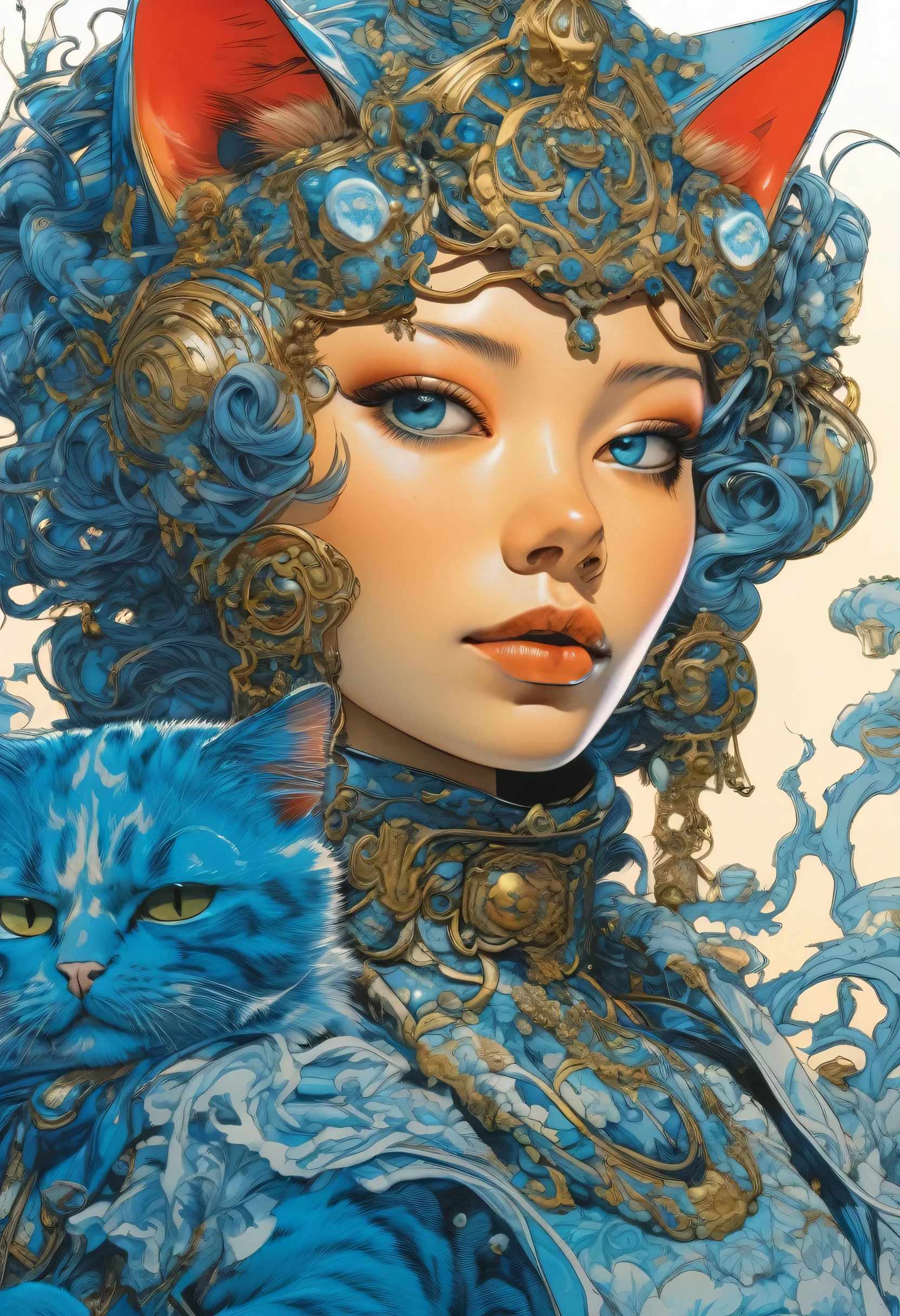 artwork by Katsuya Terada
8K, HD, intricate detailed masterpiece, Cat Warrior、 cat coat, cute cat, transparent, glowing blue eyes, blue cat and blue eye ball, medium shot, blue hair, organic shapes, hard edges, anatomecly correct body,  hyper realistic, cat elegant,cinematic lighting, highly detailed, intense colors, octane rendered cat, surreal mood, award winning picture, glowing rich colors, iridiscent accents, dramatic shadows,dynamic and atmospheric lighting, anamorphic lens, sharp focus, 
intricate high detail masterpiece by Katsuya Terada, in the STYLE of Katsuya Terada