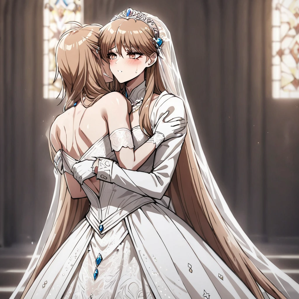 ((Highest quality)), ((masterpiece)), (detailed), （Perfect Face）、The woman is Princess Leona, with medium-long light brown hair, and is wearing a gorgeous, glittering, jeweled wedding dress and wedding veil. She is holding her wedding in a gorgeous church, embracing and kissing the evil, strong, dignified, old general.、The woman has medium-long hair, is brainwashed, has no expression, and has no highlights in her eyes.