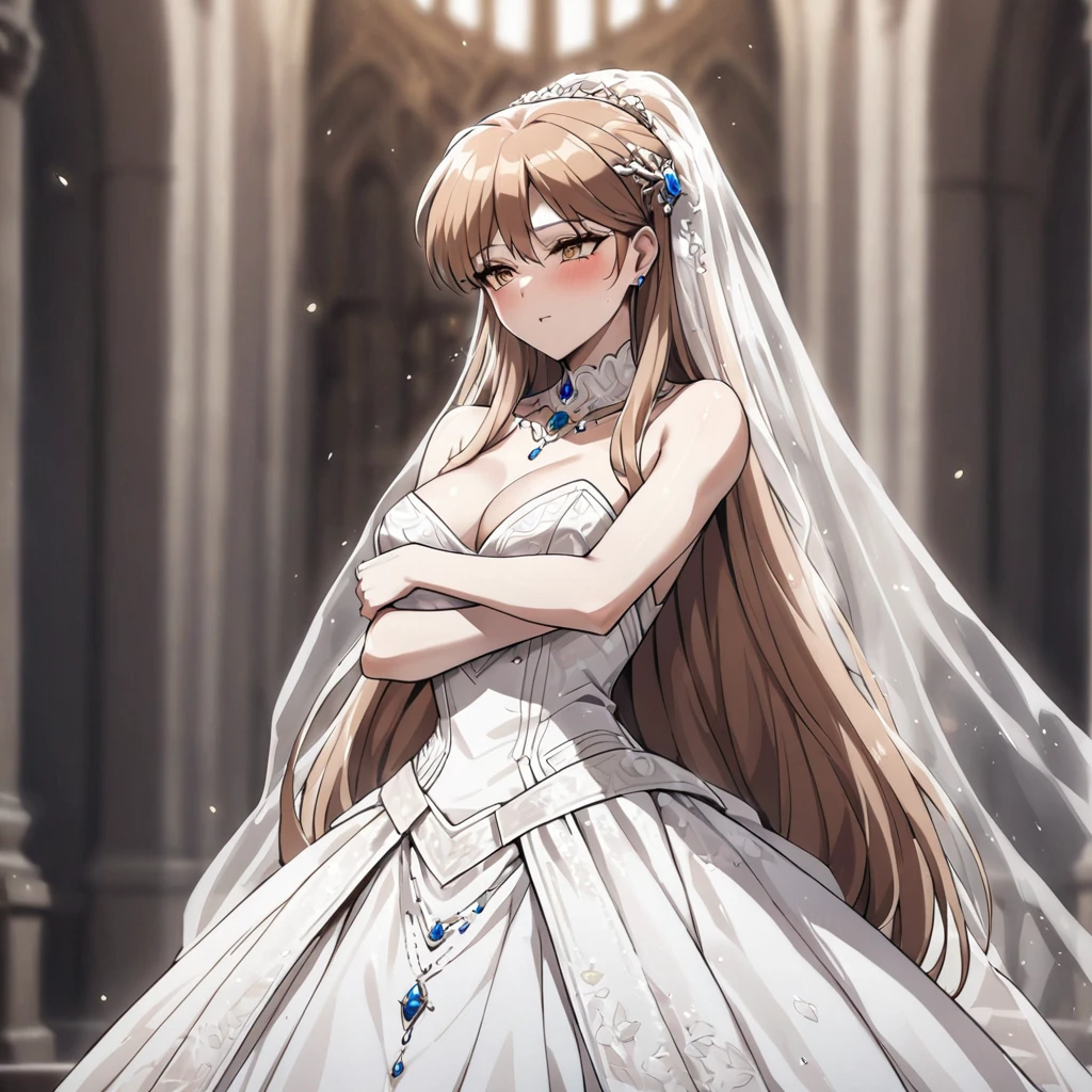 ((Highest quality)), ((masterpiece)), (detailed), (Perfect Face)、The woman is Princess Leona, with medium-long light brown hair, and is wearing a gorgeous, glittering, jeweled wedding dress and wedding veil. She is holding her wedding in a gorgeous church, embracing and kissing the evil, strong, dignified, old general.、The woman has medium-long hair, is brainwashed, has no expression, and has no highlights in her eyes.