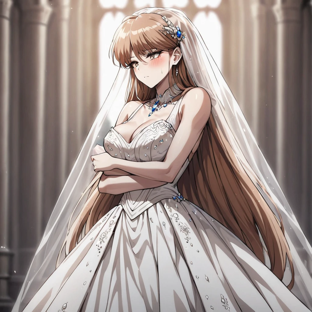 ((Highest quality)), ((masterpiece)), (detailed), (Perfect Face)、The woman is Princess Leona, with medium-long light brown hair, and is wearing a gorgeous, glittering, jeweled wedding dress and wedding veil. She is holding her wedding in a gorgeous church, embracing and kissing the evil, strong, dignified, old general.、The woman has medium-long hair, is brainwashed, has no expression, and has no highlights in her eyes.