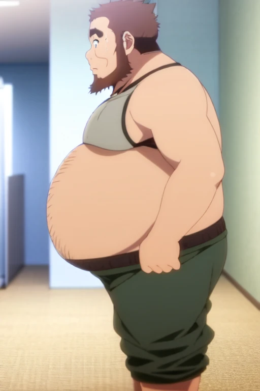 umiyan, guden gousuke, old man, standing, bedroom, full body, wide shot, three quarter view, embarrassed, white tank top, green shorts, bare legs, wet body, sweaty, parted lips, best quality, brown hair, fat man, masterpiece, extremely detailed, sideburns, green eyes, facial hair, body hair, beard, thick eyebrows, fat belly, round belly, plump belly, big belly, thick arms, broad shoulders, hands rubbing across body, hands on belly, heavy breathing, blushing 