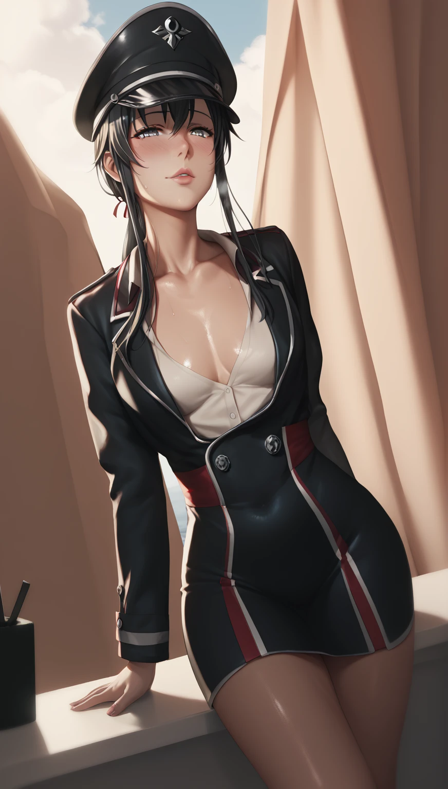 score_9, score_8_up, score_7_up, score_6_up, score_5_up, score_4_up, uncensored, yukinoshita yukino, absurdly long hair, grey eyes, black hair, very long hair, horny face, blush face, lips, naughty face, shiny skin, sweating, steaming body, curvy, voluptuous, heavy breathing, (small breasts:1.3), detailed body, detailed eyes, solo, hat, military uniform, military jacket, long white shirt, hair down, peaked cap, cleavage, pantyhose, outdoors,