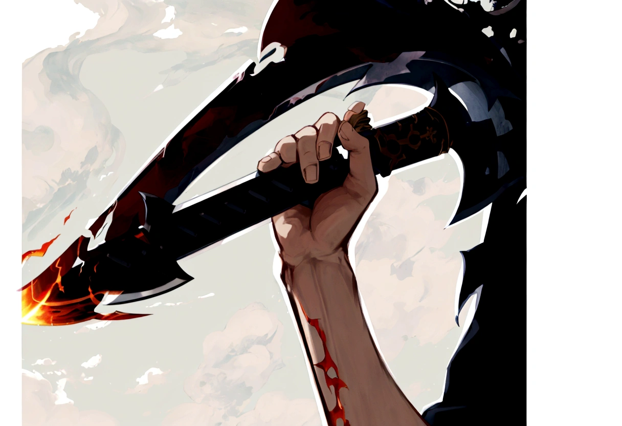 anime character holding a sword with flames in his hand, holding a jagged scimitar, black sword in the hand of ares, holding a scythe, holding a colossal sword, holding a fantasy sword, oni horns, holding a big sword, epic anime style, Extremely sharp detail, with leviathan ax, holding a giant sword, fantasy scythe, huge scythe
