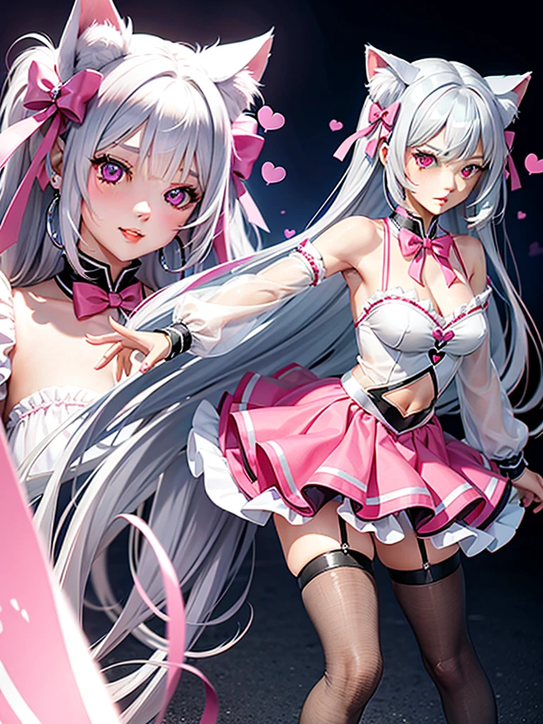 Silver hair, pink eyes, body, cat ears, sexy girl, earrings, heart fantasy, uniform 