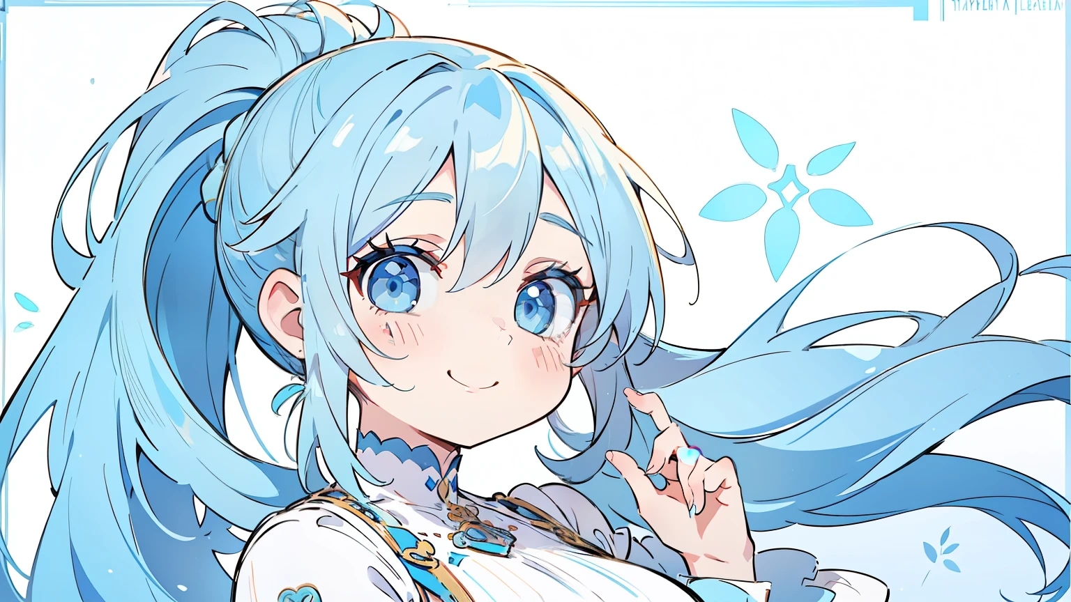 masterpiece, beautiful detailed, {wearing casual wear}, pastel color,  baby blue Eyes, baby blue hair, ponytail, 1girl, big smile, medium breasts, hair intakes, cowboy shot, {{{{{Alphonse Mucha}}}}},{{{bold outline}}}, limited palette