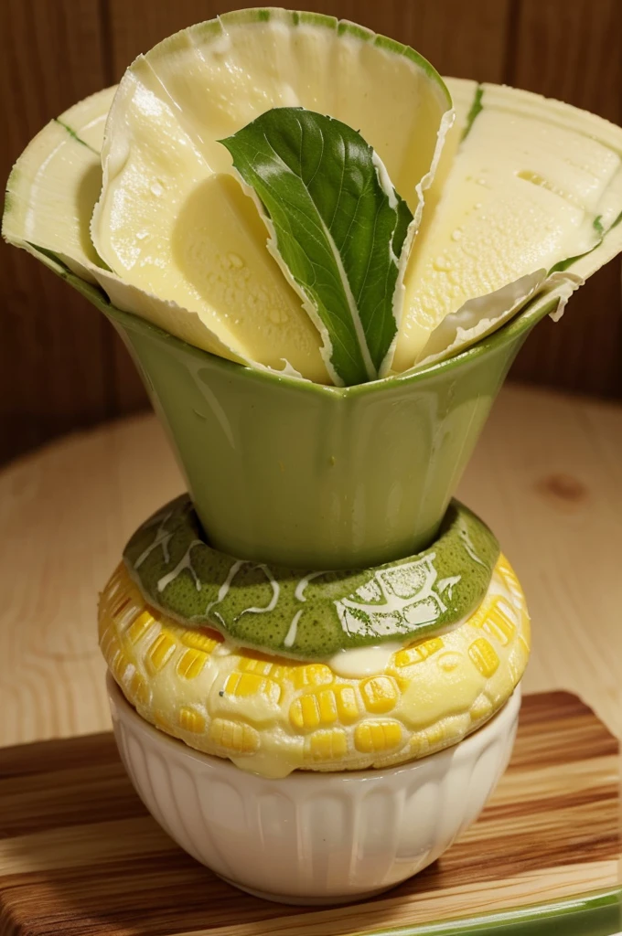 Corn milk cheese with mozzarella and green tea glaze is a unique dish. The corn is thinly sliced and cooked in milk to give it a soft and creamy texture. Then, it is coated with melted mozzarella cheese, giving it a distinctive savory taste. On top, there is a glaze or layer of green tea flavor which gives a touch of sweetness and a slight green tea aroma. When served in a cup, it is an interesting combination of sweet, savory, and a slightly herbal taste from green tea. 