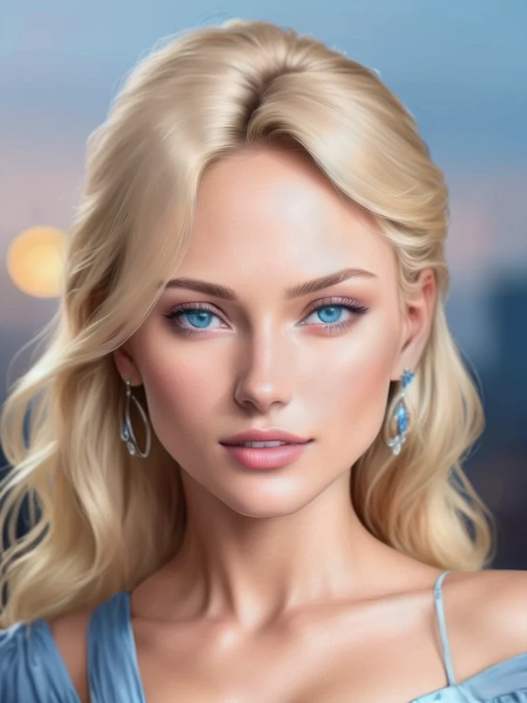 a close up of a woman wearing a blue dress and earrings, beautiful female model, beautiful blonde woman, beauty retouch, beautiful model girl, photorealistic beautiful face, jaw dropping beauty, blonde beautiful young woman, blonde and attractive features, beautiful model, beautiful portrait lighting, portrait of a beautiful model, beautiful girl model, blonde hair blue eyes