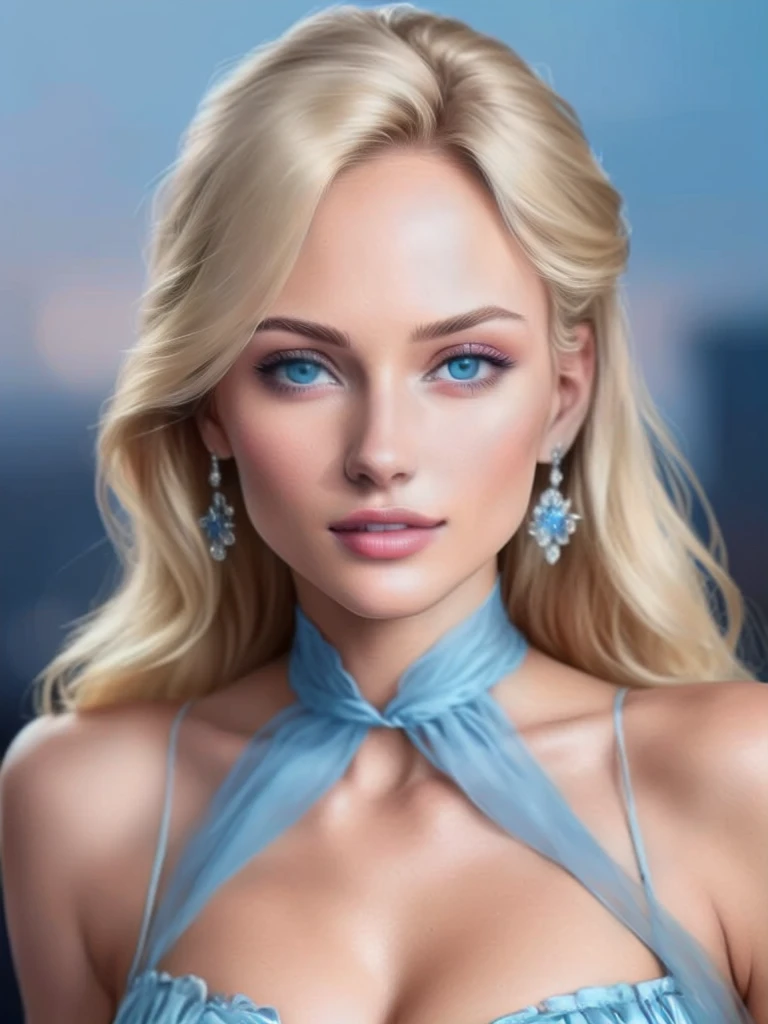 a close up of a woman wearing a blue dress and earrings, beautiful female model, beautiful blonde woman, beauty retouch, beautiful model girl, photorealistic beautiful face, jaw dropping beauty, blonde beautiful young woman, blonde and attractive features, beautiful model, beautiful portrait lighting, portrait of a beautiful model, beautiful girl model, blonde hair blue eyes
