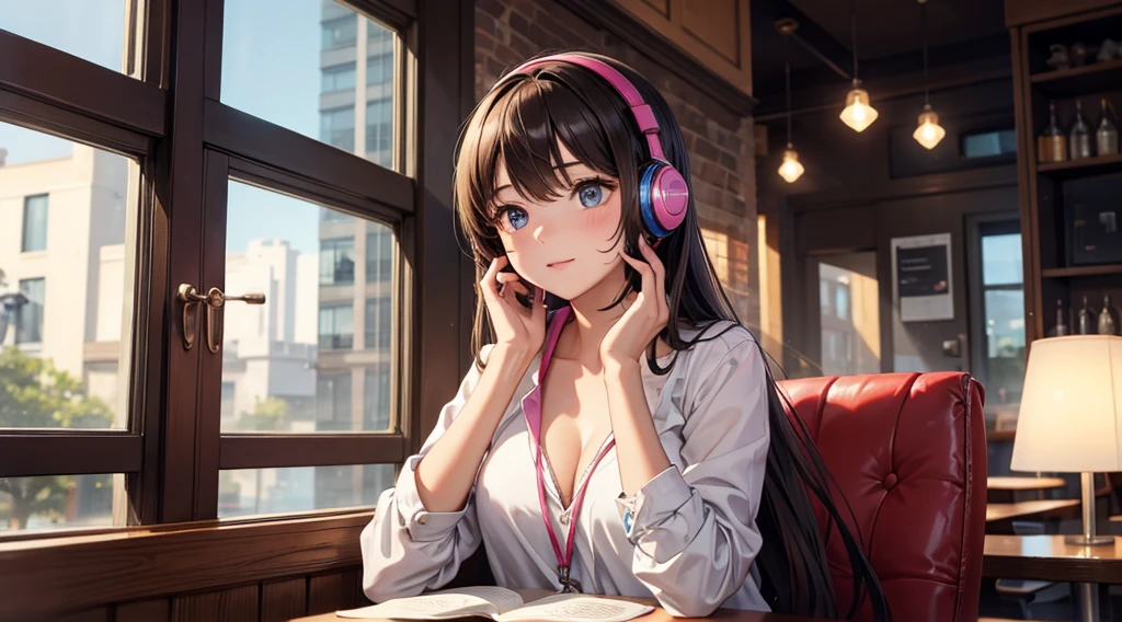 Girl with headphones enjoying music in a cafe I am studying Emphasize a little bit of the chest