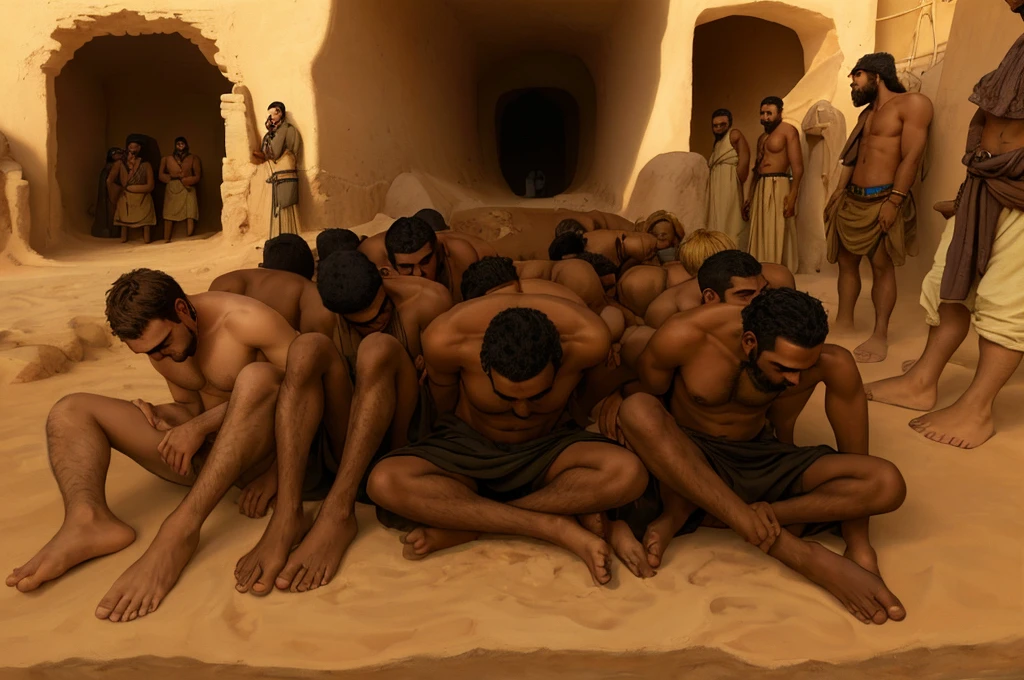 group of men prisoners crouched claustrophobic prison yard quarry mountain desert Sahara, very tanned primitive short beard brutish sad Neanderthal Russian young men wearing loincloth and barefoot, flaxen blond, Arab guards