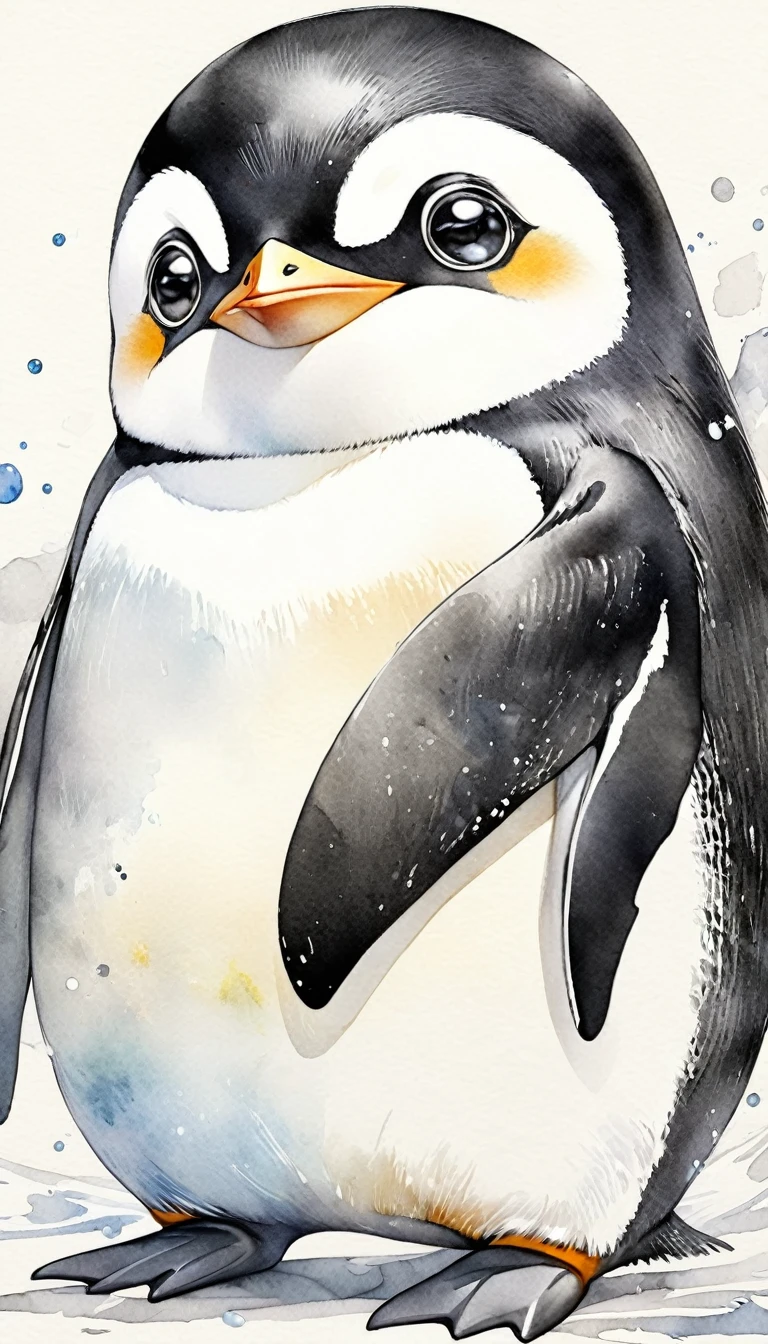 best quality, very good, 16K, Ridiculous, Extremely detailed, 2.5D, delicate and dynamic, Fusion of watercolor and oil painting, Mix of monochrome and color, Funny little penguin portrait, Cute face, Cute pose