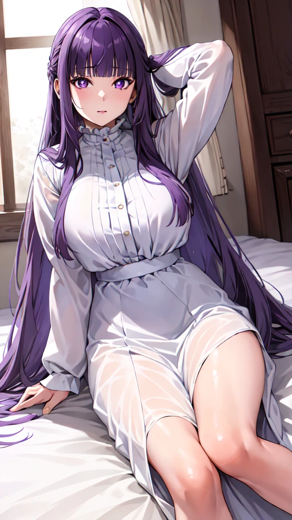 masterpiece, Highest quality, High resolution, Arfern, Long Hair, Purple Hair, Blunt bangs, Purple eyes, Large Breasts, Long dress, White Dress, Long sleeve, Sitting,arms behind head, Bedroom,(Puffing one's cheeks), Cowboy Shot,