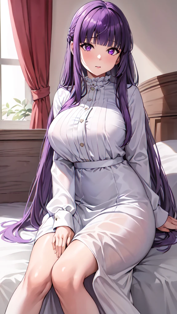 masterpiece, Highest quality, High resolution, Arfern, Long Hair, Purple Hair, Blunt bangs, Purple eyes, Large Breasts, Long dress, White Dress, Long sleeve, Sitting,arms behind head, Bedroom,(Puffing one's cheeks), Cowboy Shot,