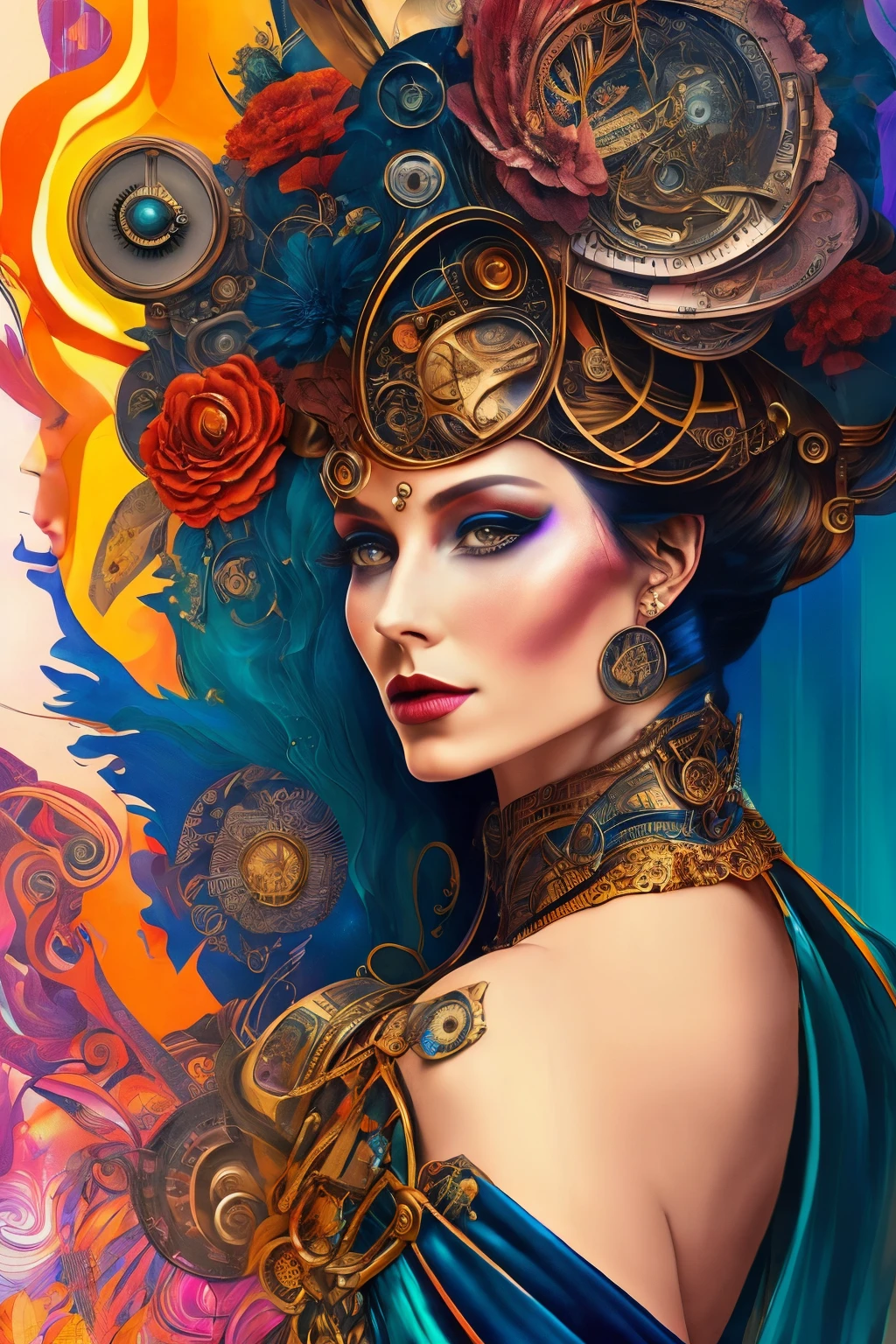 A captivating mixed media portrait of an elegant woman with auburn-hued locks, adorned with steampunk influences, illuminated in an abstract style. The image, painted with a palette that exudes warmth and depth, showcases intricate details that seamlessly blend various mediums. The woman peers intently toward the viewer, her gaze penetrating the depths of the piece. Her attire, a fusion of Victorian-era elegance and futuristic technology, exudes a sense of mystery and strength. This mesmerizing work of art, with its abstracted background and vibrant hues, presents a fantastical exploration of the Steampunk universe, skillfully painted on a