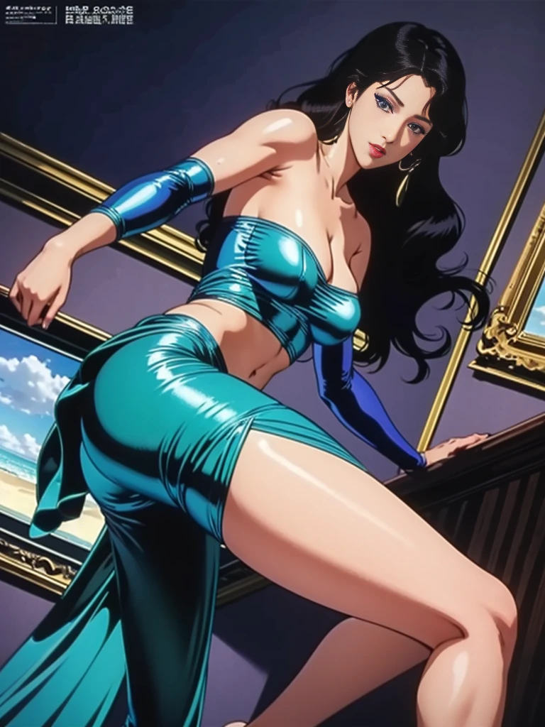 ((masterpiece)), Highest quality, Very detailed, Absurd, 8K, wonderful, Very detailed, The finer details, Browsing Caution, (Very complicated:1.2), (Very delicate), Very detailed, RuiKisugi, 1 Female, Long Hair, Wavy Hair, Black Hair, eyelash, blue eyes, lipstick, Purple bodysuit, Strapless, No sleeve, Green sash, One girl, (whole body:1.2), (Finding_stance:1.3), Very detailed face, Nice fine detail, Perfect Eyes, Fascinating eyes, Beautiful attention to detail, Small Mouth, Fascinating_smile, Mature Woman, Mature Woman, Body with nine heads, thin, compensate, Big Breasts, (museum:1.3), (Urzan-6500-v1.1), Detailed fingers, Perfect hands, Length 180cm,Small face,sweating, Soft thighs,Sexy legs,Sexy ass, Cleavage,Open the chest,Angle from below,(Low angle shot:1.1),((Amazing orgasm)),赤いlipstick, whole body写真撮影,大きなSexy ass, Perfect Body Proportions, Slim waist,Nipples visible,Tight waist,(Long legs:1.2),Shiny skin,