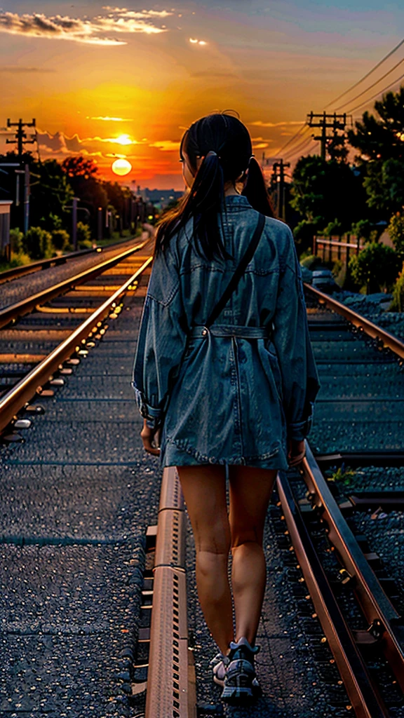 Sunset A Japanese girl in her 20s walking along the side road along the railroad tracks, back view