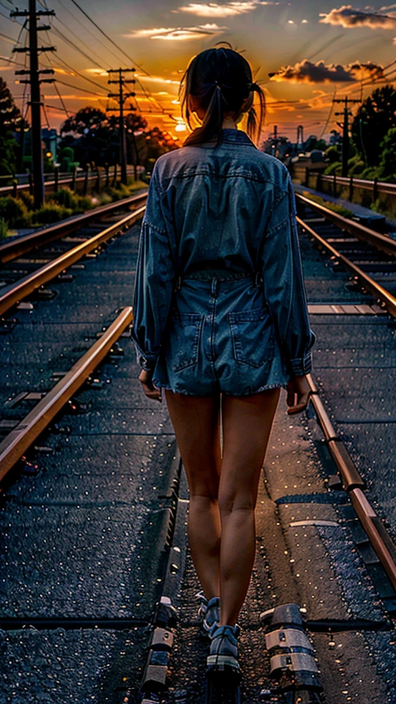 Sunset A Japanese girl in her 20s walking along the side road along the railroad tracks, back view