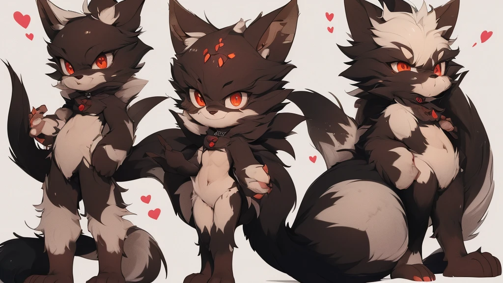 cute furry, black and ember fur, furry moth ears, long fox tail, slender body, wide thighs, SFW