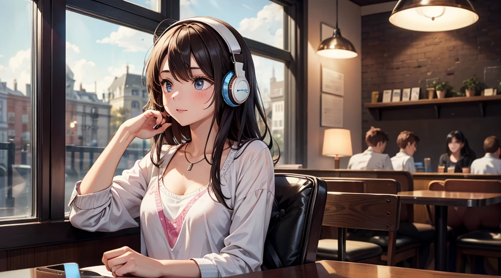 Girl with headphones enjoying music in a cafe I am studying Emphasize a little bit of the chest