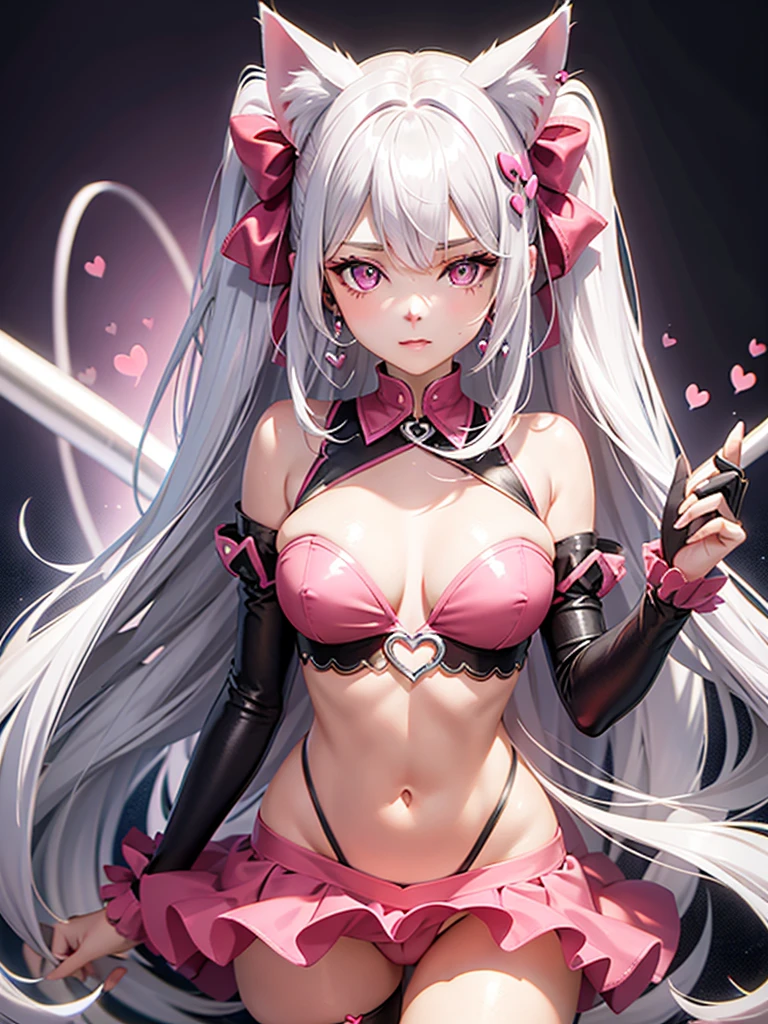Silver hair, pink eyes, body, cat ears, sexy girl, earrings, hearts background fantasy, red pink uniform, hair bows