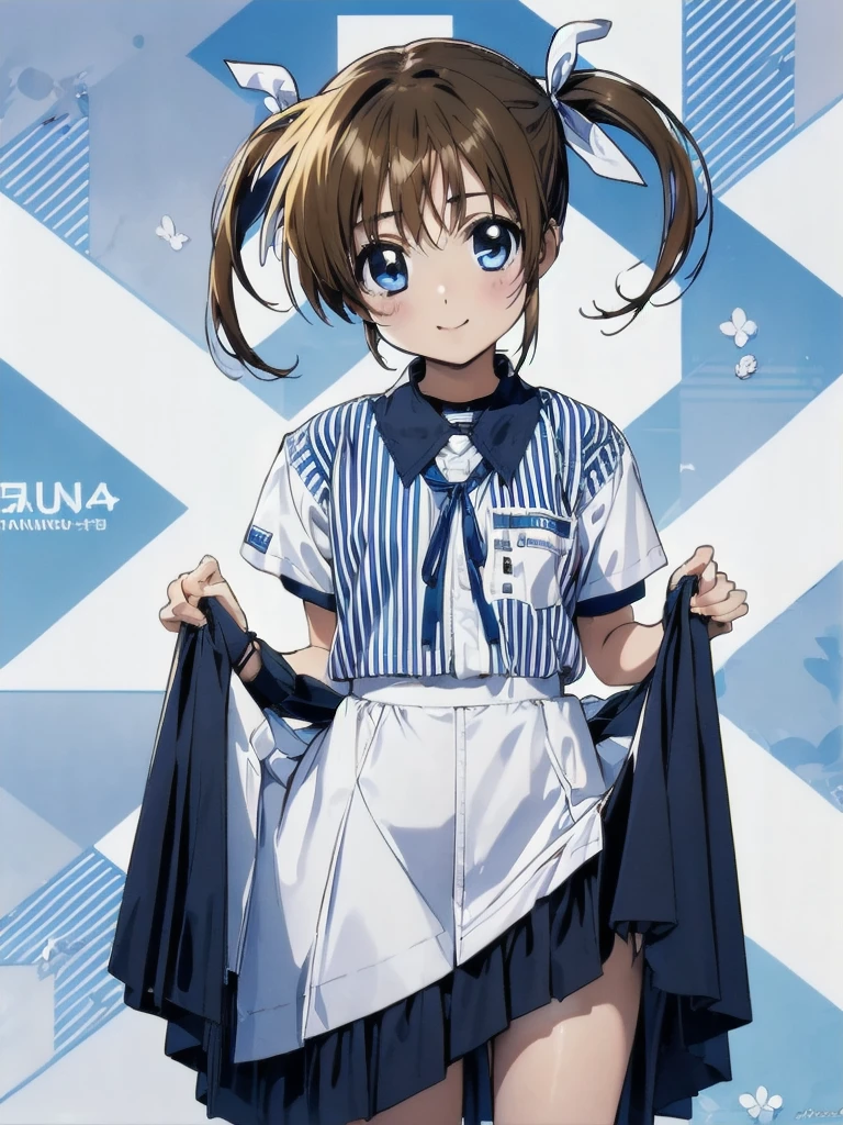 nsfw , takamachi nanoha , lyrical nanoha , (((highres official art))) , (((Anime Pinups))) , (((1girl))) , (((solo))) , (((a little lighter brown hair))) , (((twintails))) , (((blue eyes))), (((white ribbon))) , highres, 12yo, lawson uniform, employee uniform, shirt, name tag, short sleeves, striped shirt, striped, vertical-striped shirt, blue shirt, vertical stripes, alternate costume , (((lift skirt))), (((skirt hold))) , (((no panties))) 