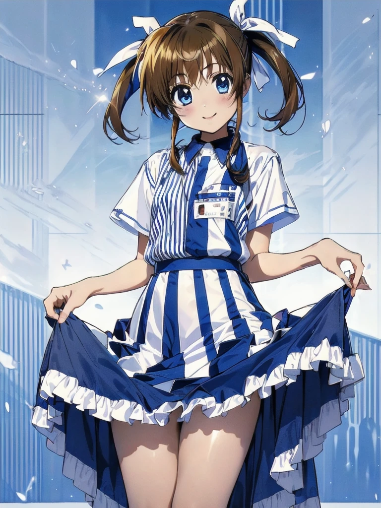 nsfw , takamachi nanoha , lyrical nanoha , (((highres official art))) , (((Anime Pinups))) , (((1girl))) , (((solo))) , (((a little lighter brown hair))) , (((twintails))) , (((blue eyes))), (((white ribbon))) , highres, 12yo, lawson uniform, employee uniform, shirt, name tag, short sleeves, striped shirt, striped, vertical-striped shirt, blue shirt, vertical stripes, alternate costume , (((lift skirt))), (((skirt hold))) , (((no panties))) 