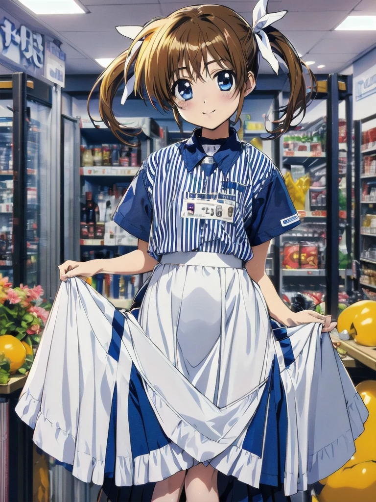 nsfw , takamachi nanoha , lyrical nanoha , (((highres official art))) , (((Anime Pinups))) , (((1girl))) , (((solo))) , (((a little lighter brown hair))) , (((twintails))) , (((blue eyes))), (((white ribbon))) , highres, 12yo, lawson uniform, employee uniform, shirt, name tag, short sleeves, striped shirt, striped, vertical-striped shirt, blue shirt, vertical stripes, alternate costume , (((lift skirt))), (((skirt hold))) , (((no panties))) 