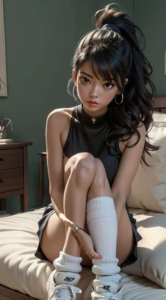 redo this image so that she is lying back against the pillows with her legs spread wide, she is masturbating vigorously, she is wearing nothing but her platform sneakers and knee-high socks